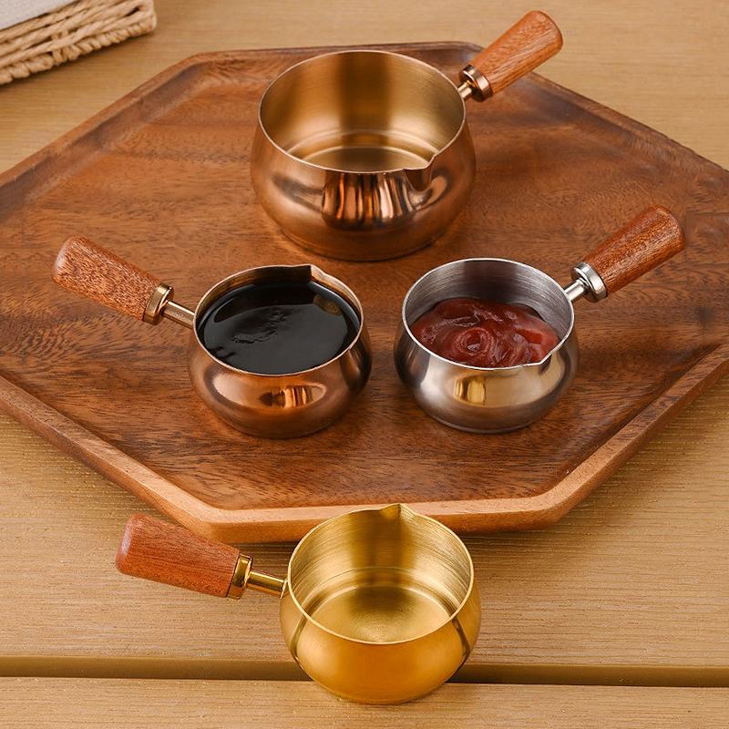 Stainless Steel Sauce Cup Western Sauce Cup Steak Dressing Cup With Wooden Handle Tomato Salad Dipping Saucer Kitchen Tools