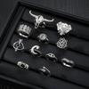 11Pcs/Set Silver Color Gothic Ring Set Bull Head Elephant Head Heart Eye Trendy Mix And Match For Daily Outfits Accessories