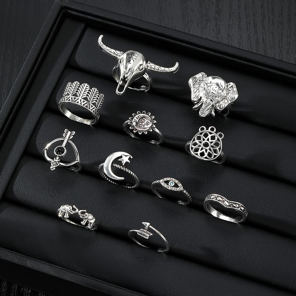 11Pcs/Set Silver Color Gothic Ring Set Bull Head Elephant Head Heart Eye Trendy Mix And Match For Daily Outfits Accessories