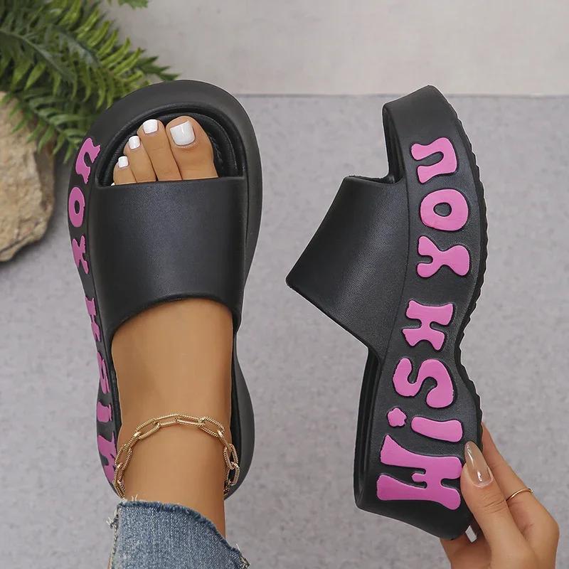 Fashion Letter Printing Wedge Platform Sandals Women Summer Beach Non Slip Thick Sole Slippers Woman Outdoor Fashion EVA Pillow Slides