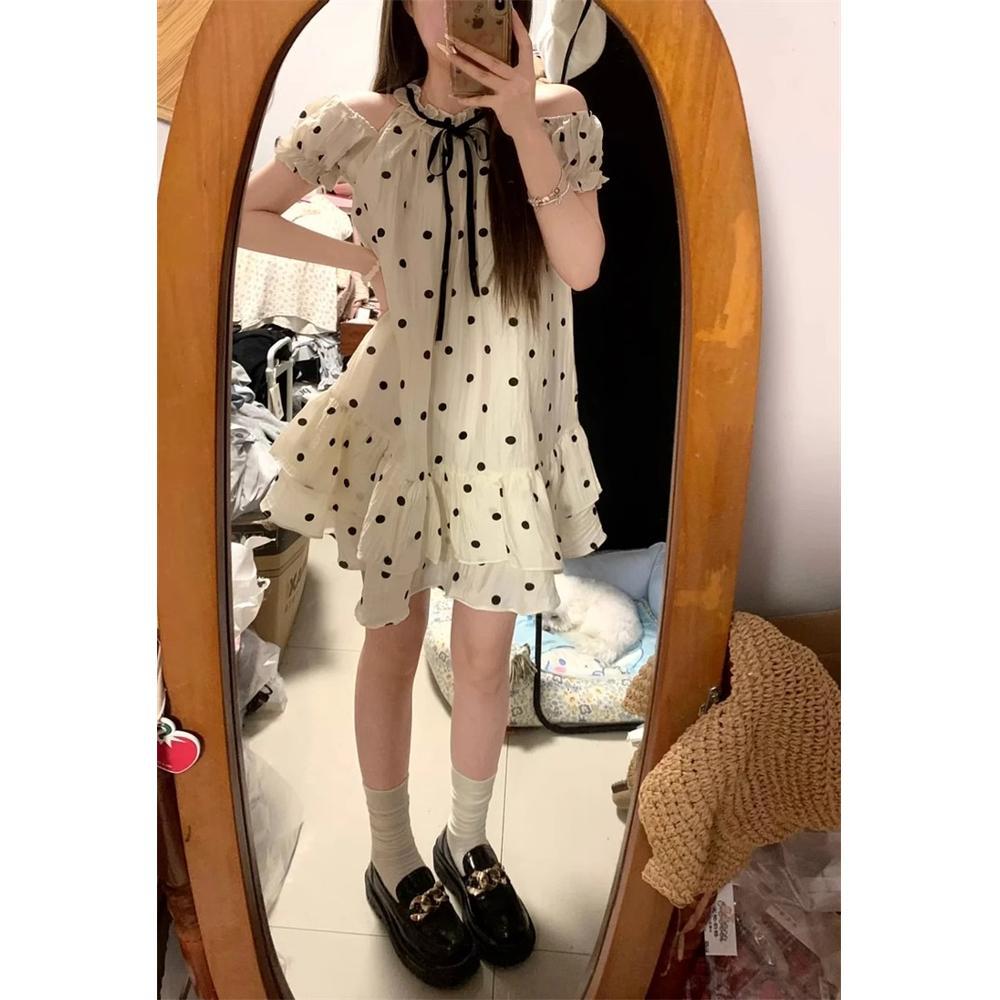 

Платье с короткими рукавами в горошек, с открытыми плечами, халтер, для маленьких женщин на лето, подчеркивающее талию и стройный силуэт, пышная юбка-кукла XL- (recommended 110-60kg)