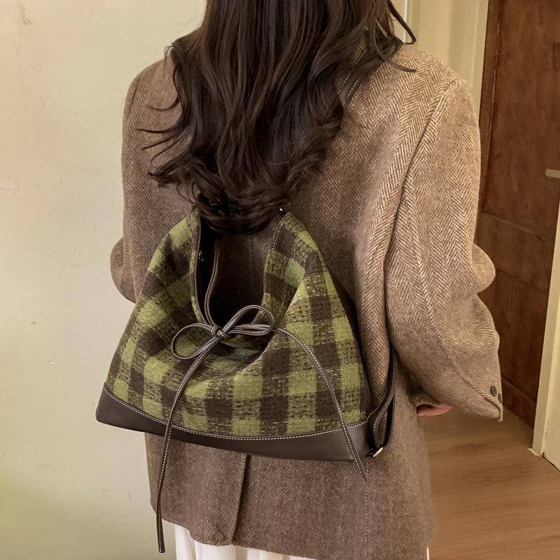 Women Retro Woolen Cloth Plaid Underarm Bag Maillard Color Shoulder Bag Tote Bag Large Capacity Backpack for Daily Travel Work