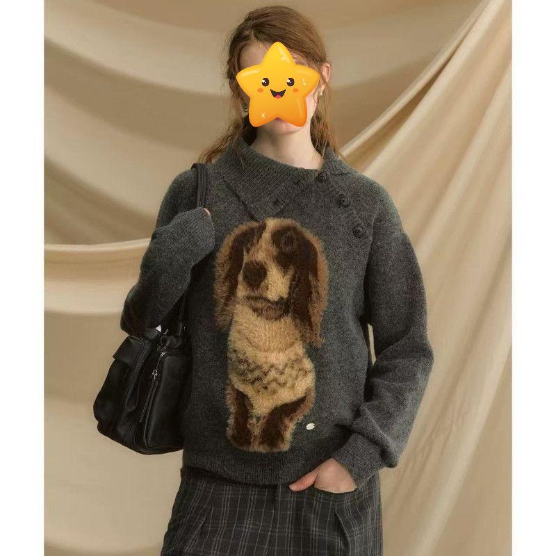

Lady Cute Dog Solid Color Sweater American Irregular Neck Knitted Sweaters Autumn Loose Versatile Woman Pullover Top One Size серый
