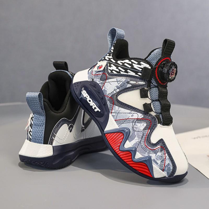 Children's basketball style sports shoes Boys' tide shoes 2025 autumn and winter primary school students leather running shoes rotating buckle middle
