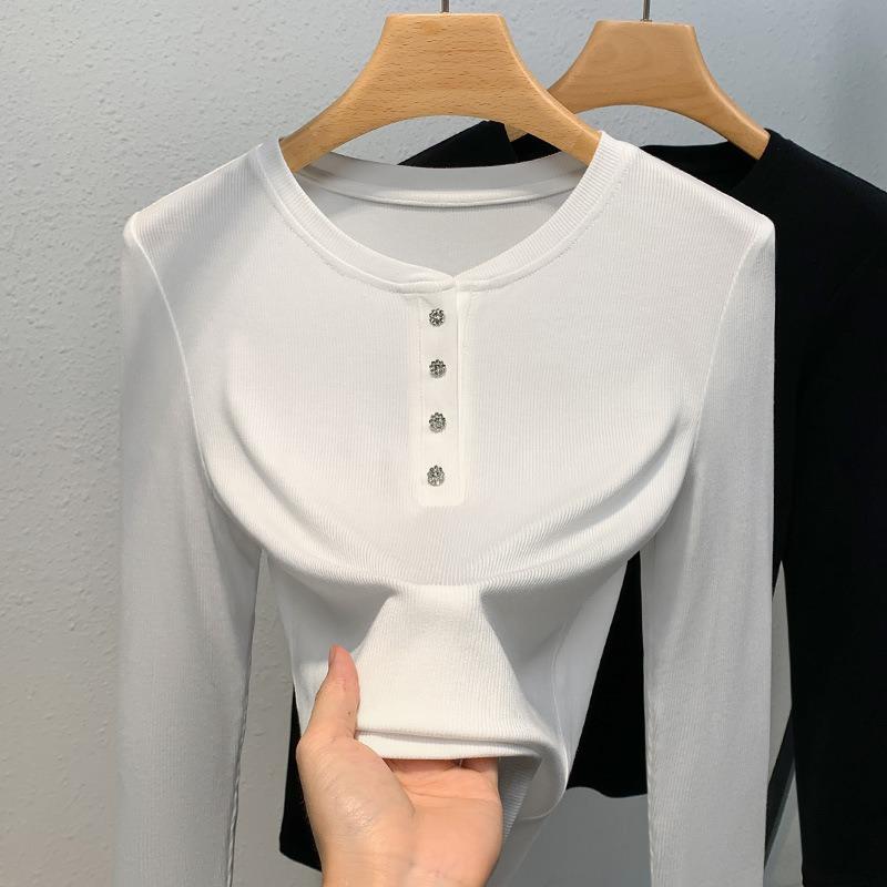 Thin bottoming shirt women's new women's clothing solid color round neck threaded long-sleeved t-shirt fashionable inner button top