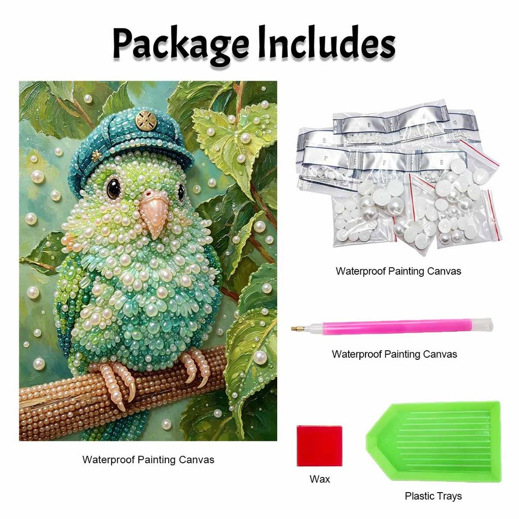 Sparkling Framed Pearl Painting Kit DIY with Cute Parrot In Hat 3D Bead Art Canvas Ready To Display Home Wall Decor Gift for Bird Lovers