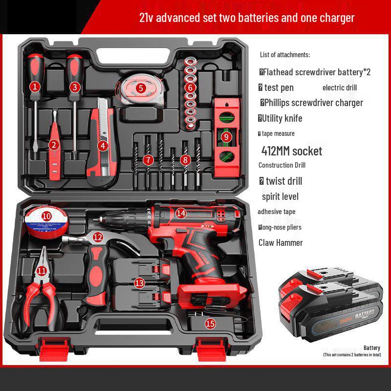Cordless Lithium Battery Drill Hand Tool Set for Electricians & Carpenters - Multifunctional Repair Kit with Tool Box
