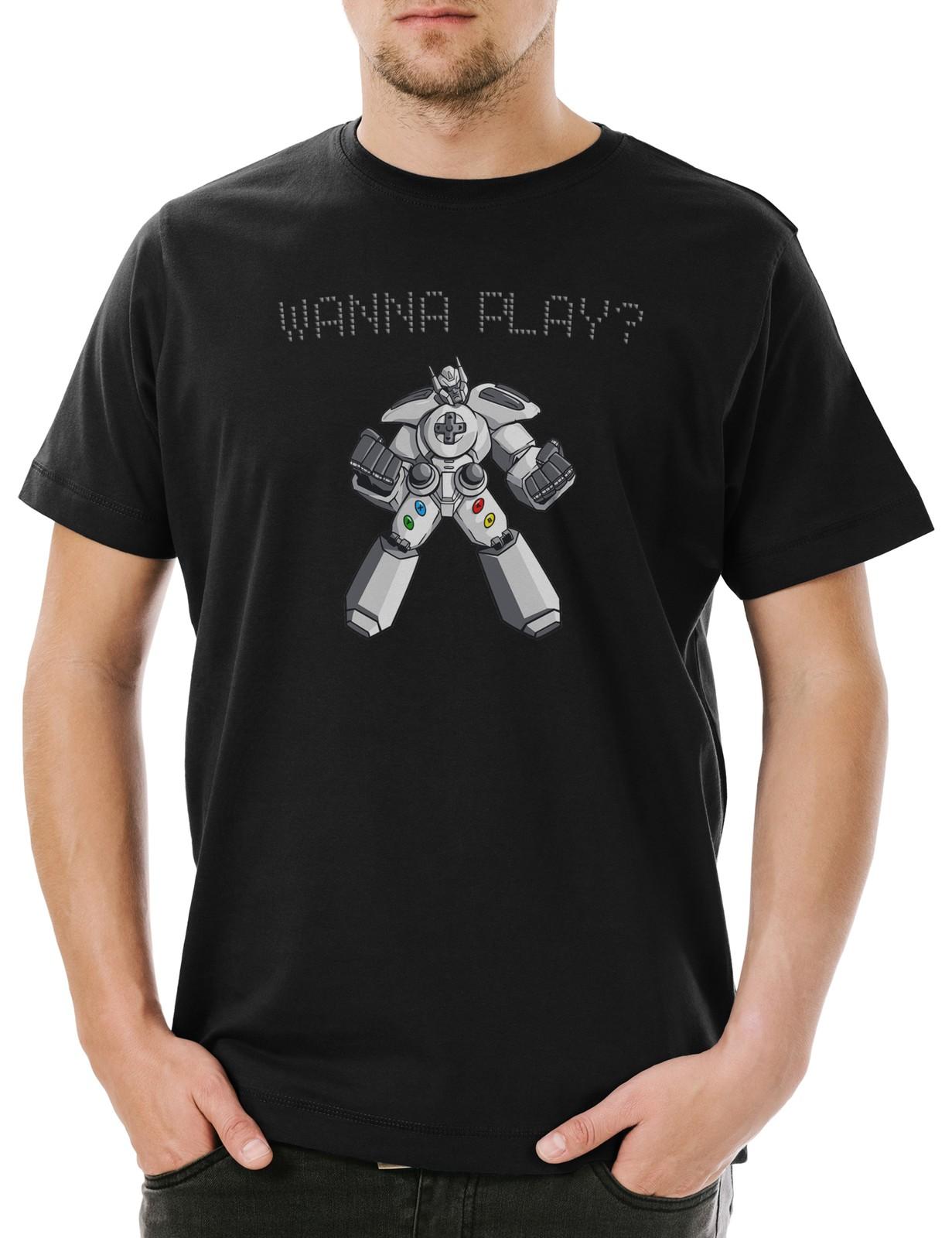 

Wanna Play Robot Mens T-Shirt Retro Gamer Controller Video Game Joystick TV 3XL