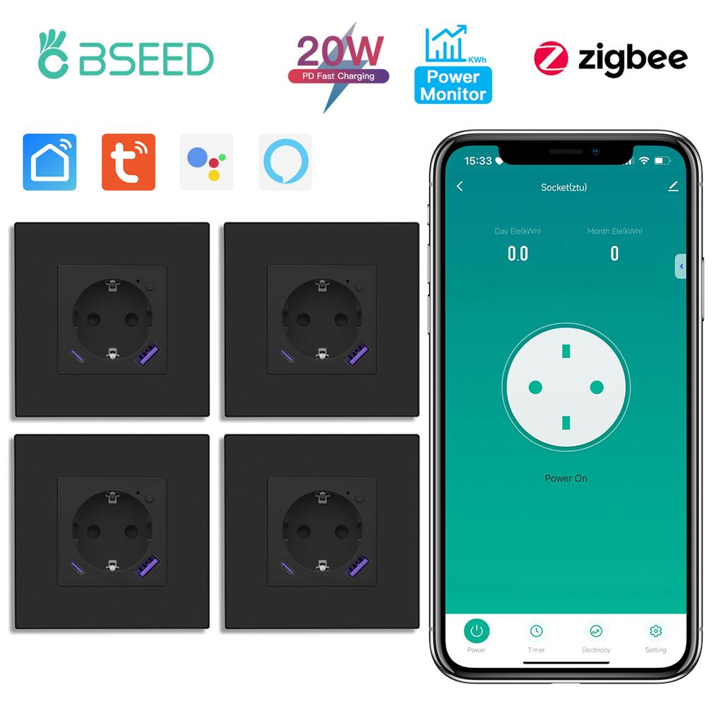 BSEED Zigbee Wall EU Socket Tuya Smart Socket With 20W Type-c USB Power Charging Ports Plastic Matte Frame 1/2/3/4/5/6 Packs