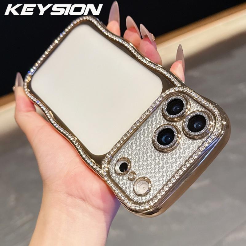 KEYSION Plating Transparent Wavy Rhinestone Phone Case for iPhone 13 14 15 16 17 Pro Max Air 16 Plus Lens Protector Shockproof Cover