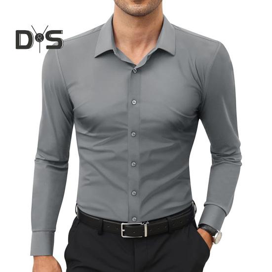 Men's Dress Shirt Long Sleeve Lapel Button Down Shirt Solid Color Formal Business Shirt for Work Dates Interviews Weddings