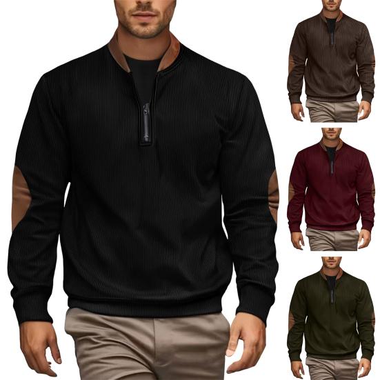 Men Sweatshirt Half Zipper Plaid Stand Collar Elbow Decoration Pullover Tops Long Sleeve Jacket Work Date Wear