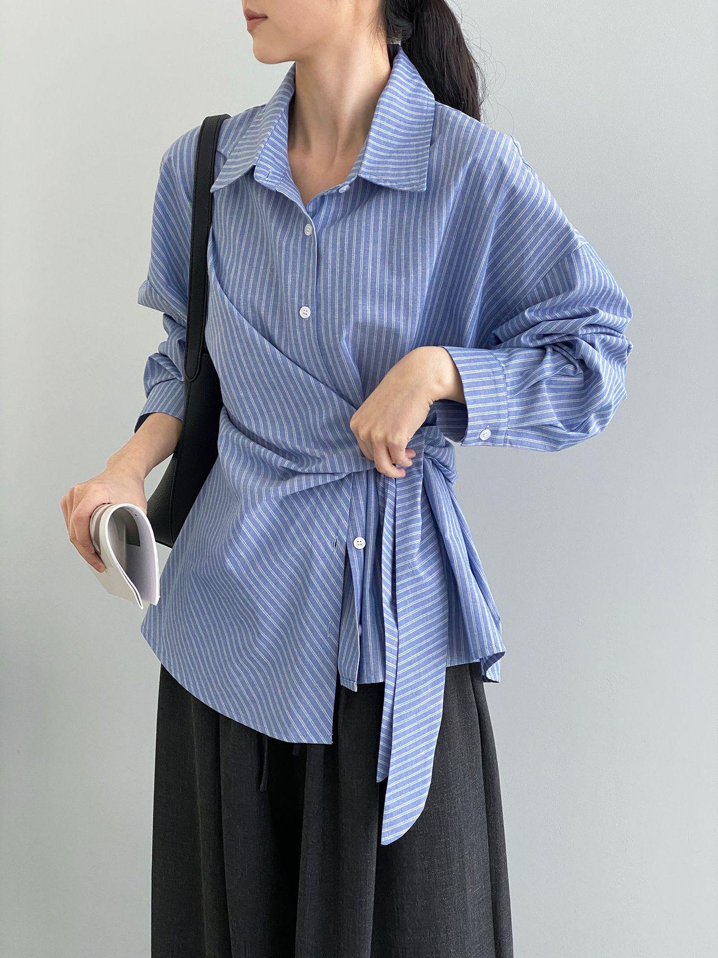 Women s Plaid Tie-Waist Shirt - Cotton Linen, Slimming, Long Sleeve Medium