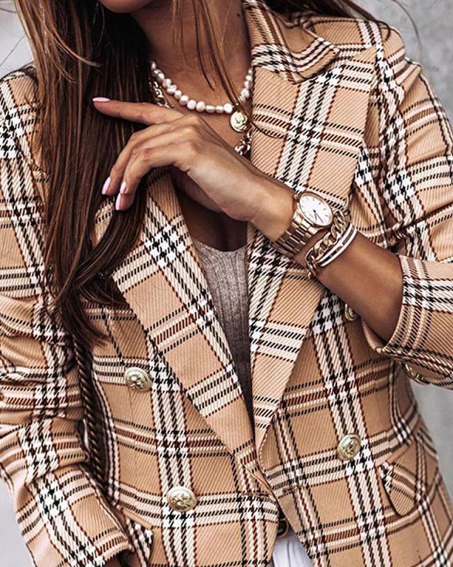 European & American Women's 2024 Autumn/Winter Slim Woolen Coat - Long Sleeve Double-Breasted Casual Printed Small Suit
