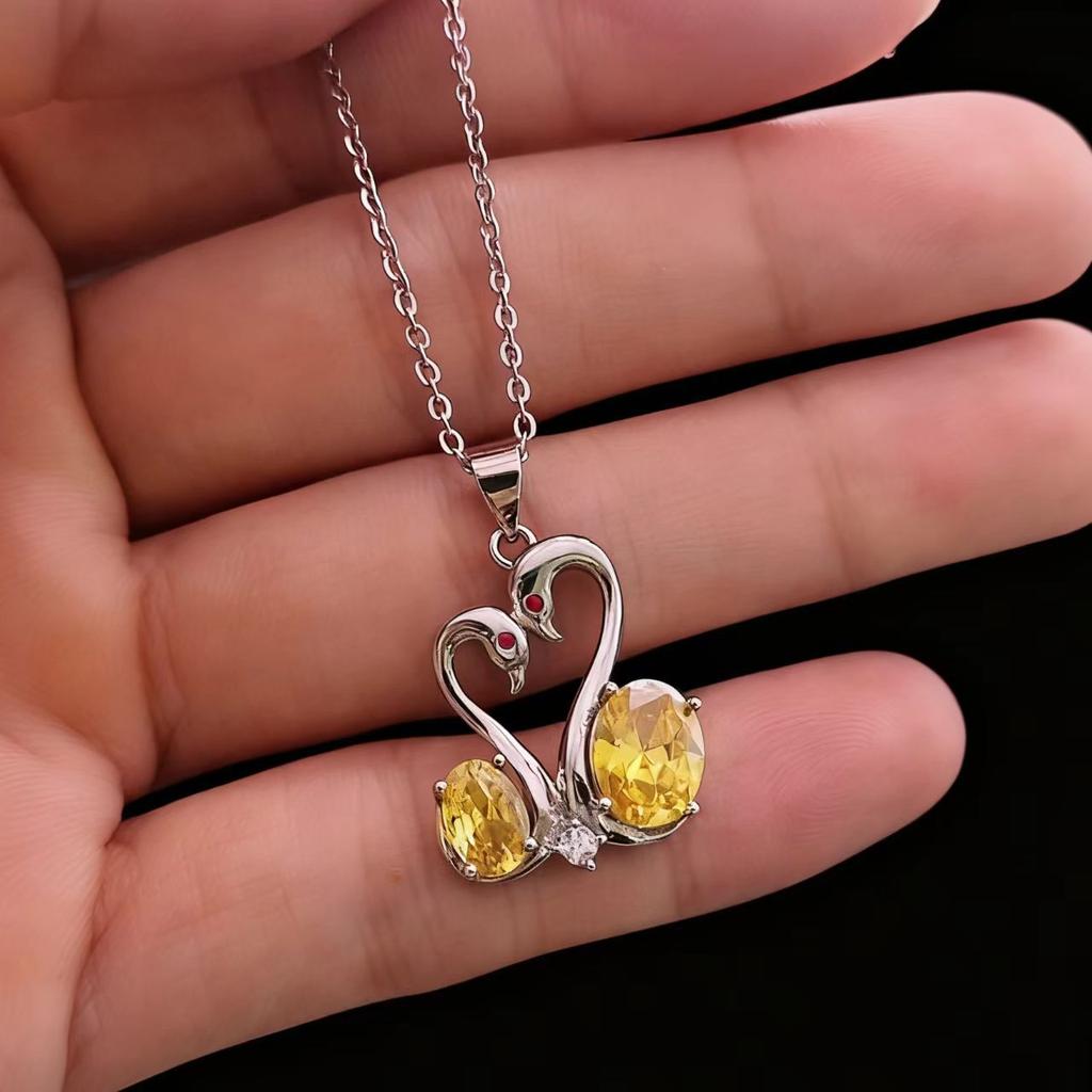 Accessories Imitation Coconut Round Pink Diamond Swan Love Necklace Women's Double Swan Zircon Pendant Clavicle Chain
