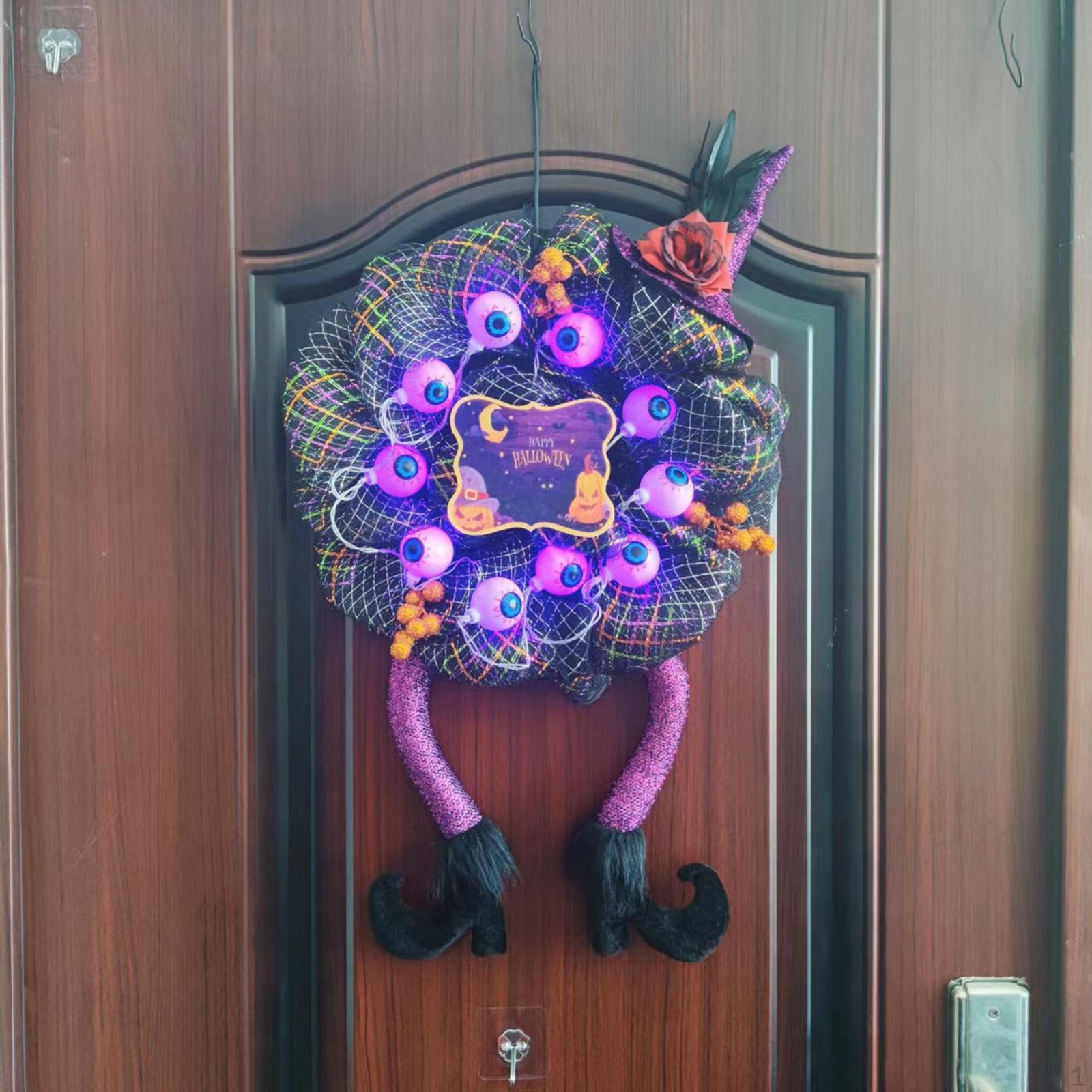 

Венок на Хэллоуин, светящиеся светодиодные фонари, светящиеся с подвеской в ​​виде шляпы ведьмы, лентой, висящей на окне