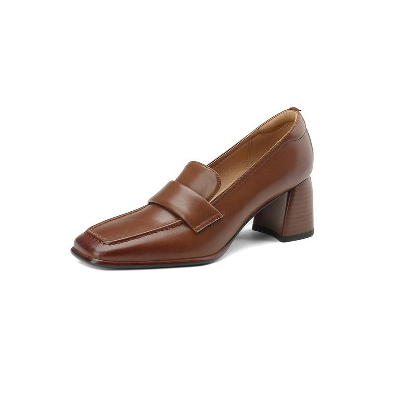 Fashion 2025 Spring New Cow Leather Women Shoes LEISURE Women Slip-On Shallow Pumps Square Toe High Heels Shoes Women Zapatos De Mujer