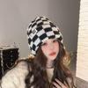 New autumn and winter knitted hats, women's ear protectors, warm contrasting color checkerboard, small versatile wool hats, couple cold hats
