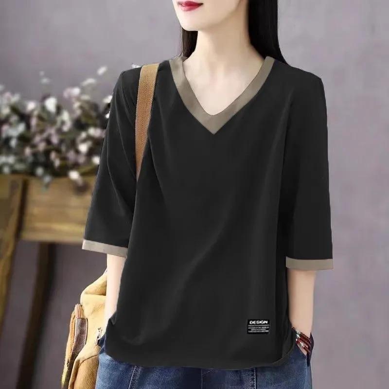

Pure Cotton Fashion Color Block V-neck Mid-sleeve T-shirt for Women Summer Loose and Versatile Five-quarter Sleeve Top 4XL чорний