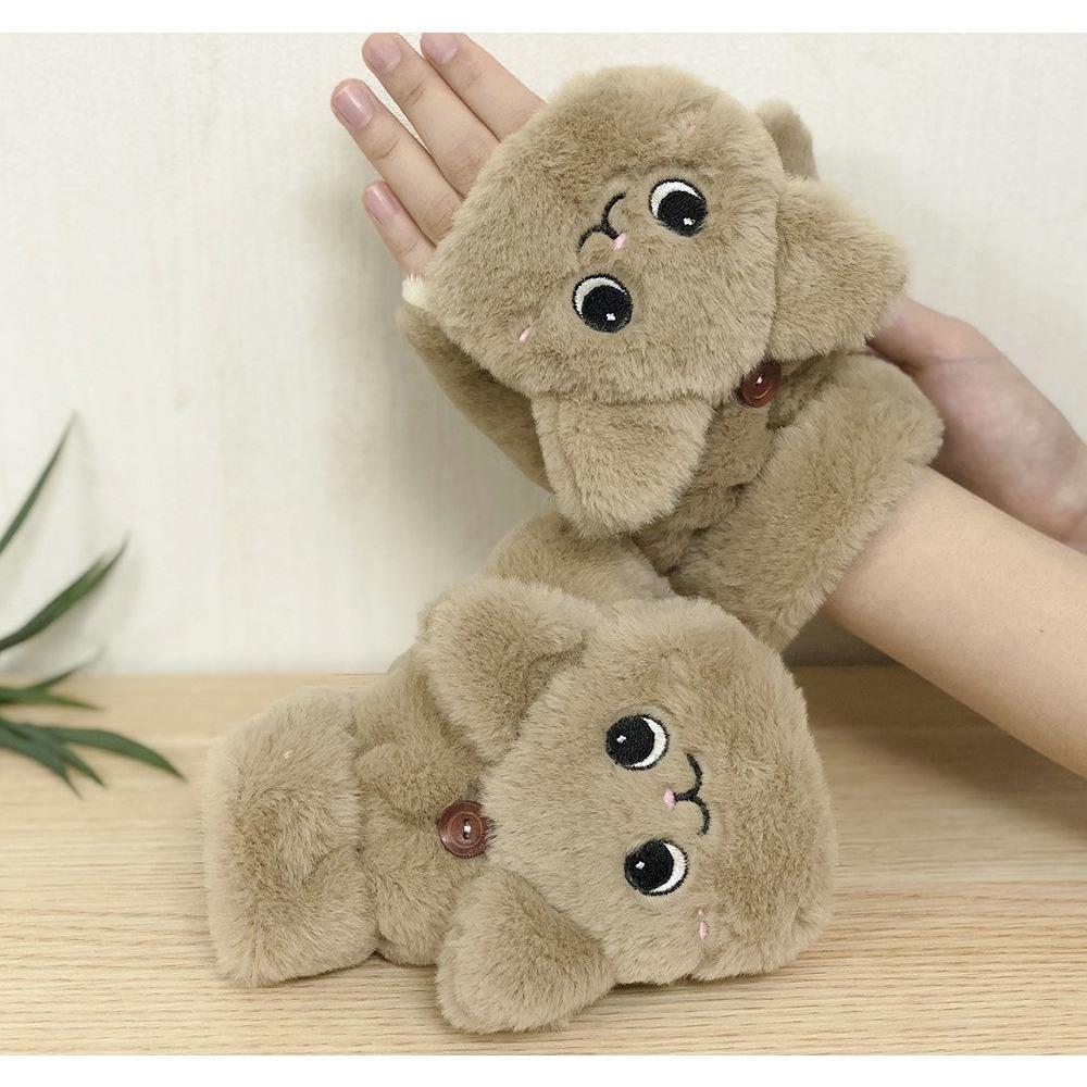 2022 Cute Cat Plush Flip Half Finger Gloves - Warm, Thick, Ideal for Students and Keyboard Use In Winter
