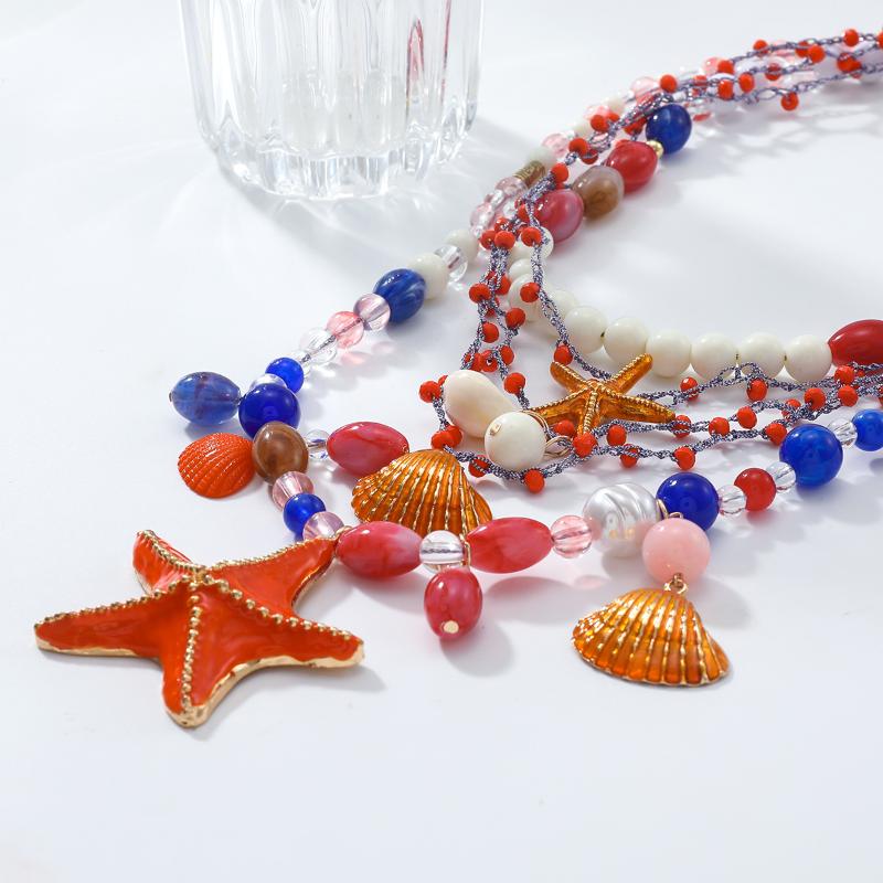 Multi-Layer Hand Woven Beaded Starfish Shell Necklace For Women Summer Ocean Vacation Style Party Jewelry Neck Accessories