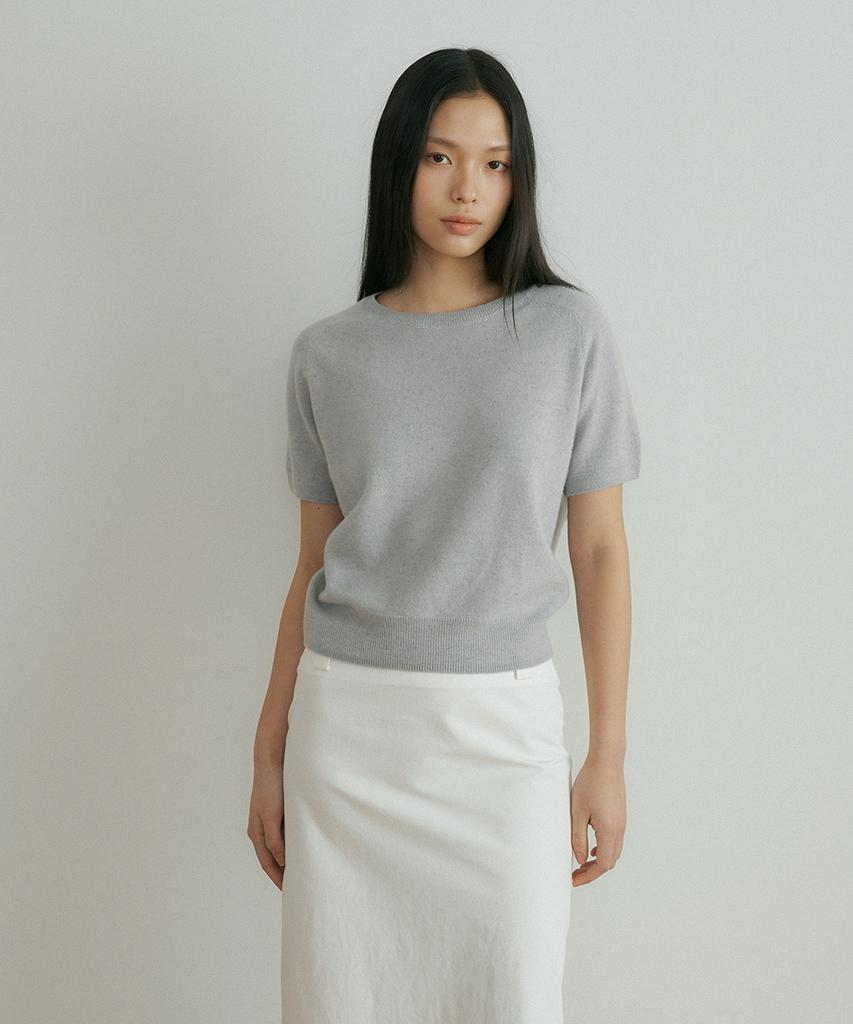 Lingseoul Wool Round Neck Half Sleeve Knit Top-Sky Blue