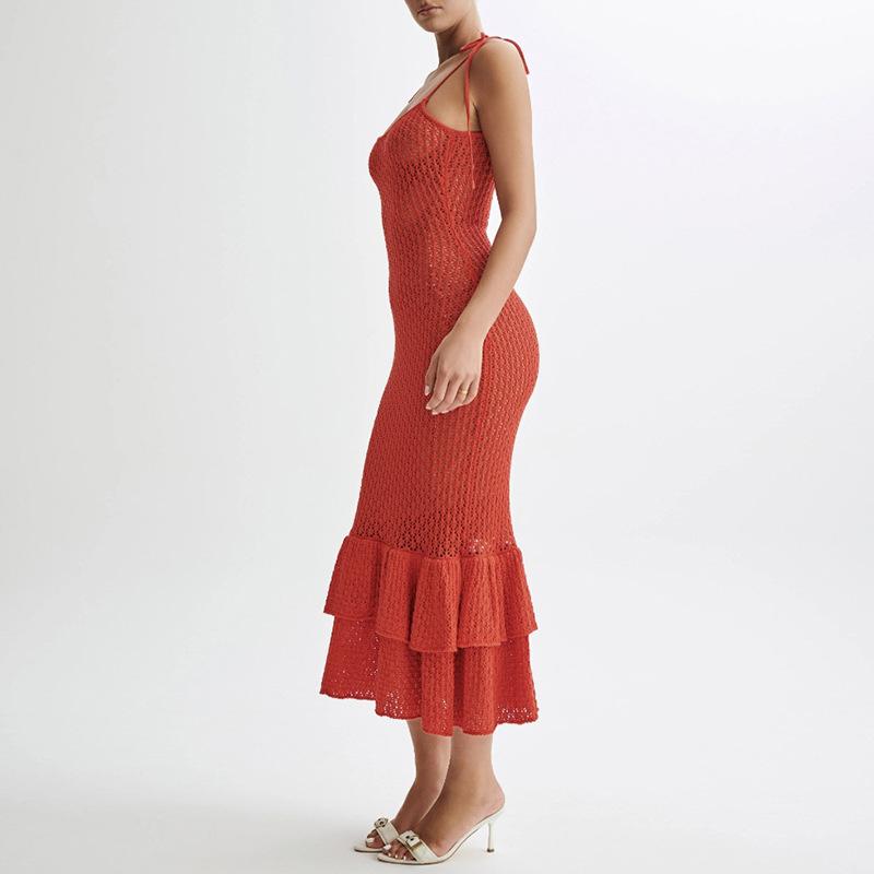 Summer Knitted Halter Dress, Cut-out Beach Vacation Dress, Lotus Leaf Lace Long Dress, Women's Smock, Body-hugging Dress