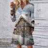 Women's Christmas Printed Dress Loose V-neck Casual Long Sleeved Dress