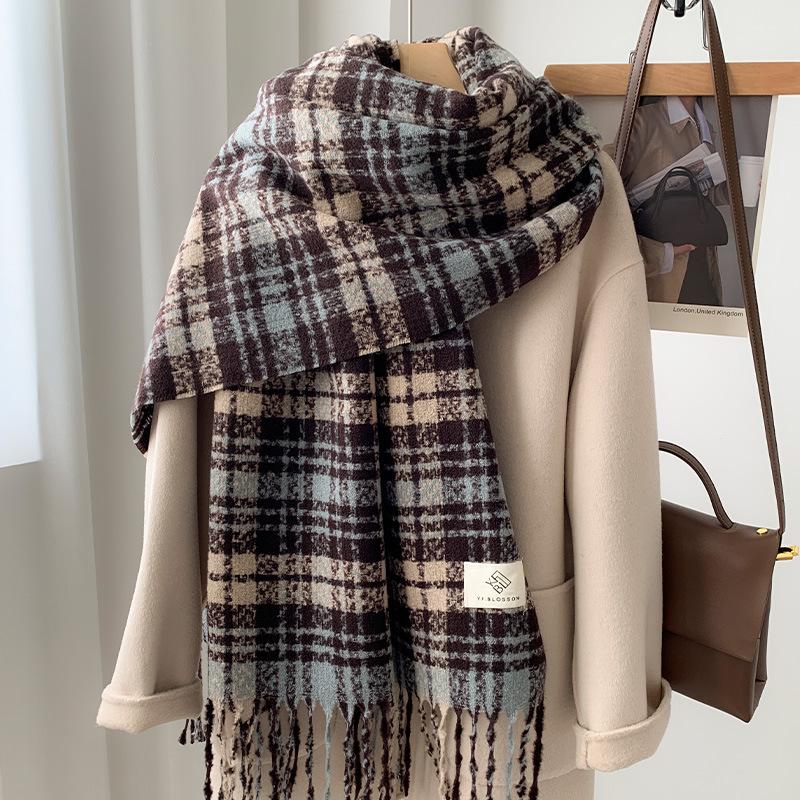Pink retro plaid imitation cashmere scarf women's winter new high-end warm thickened scarf versatile and trendy
