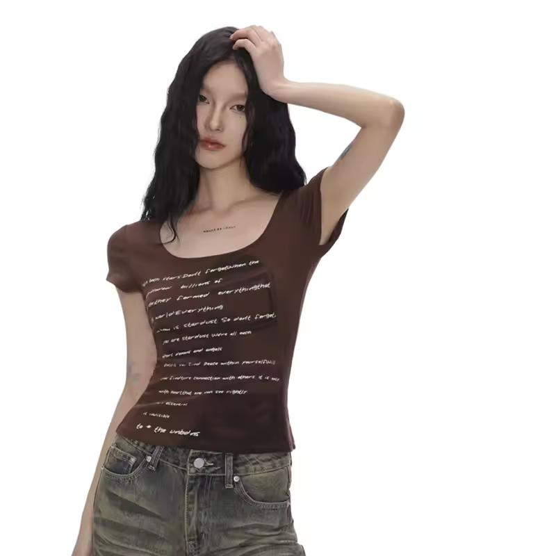 Retro Sweet and Spicy Tight-fitting Blouse Letter T-shirt