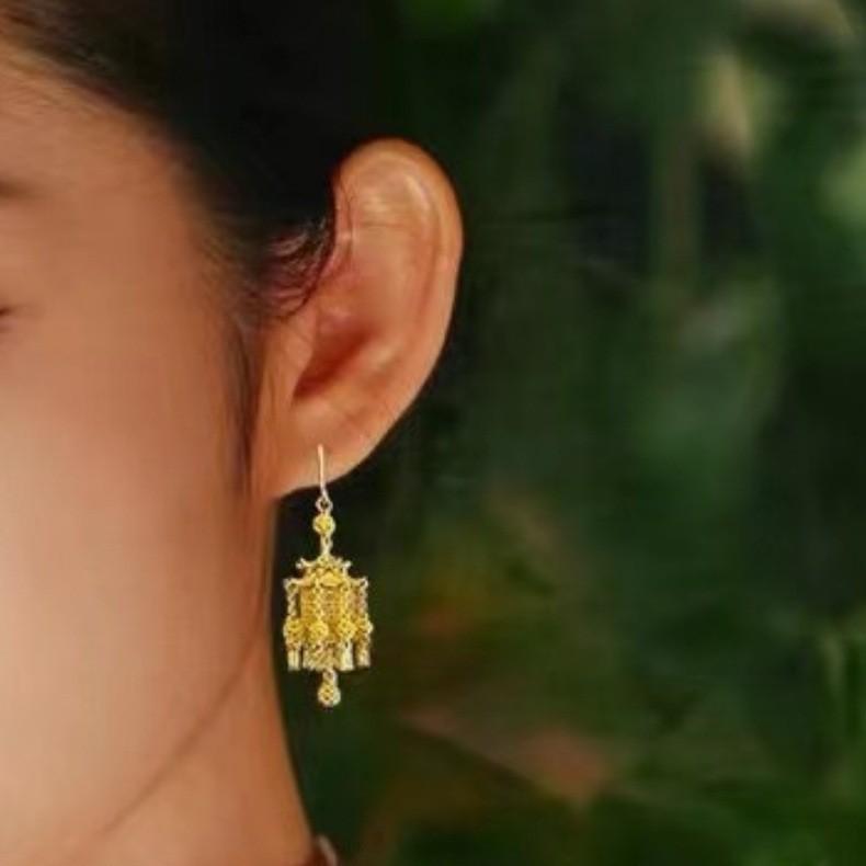 Gold-Plated Hanfu Wedding Lantern Dangle Earrings - New Chinese Style Cheongsam Studs