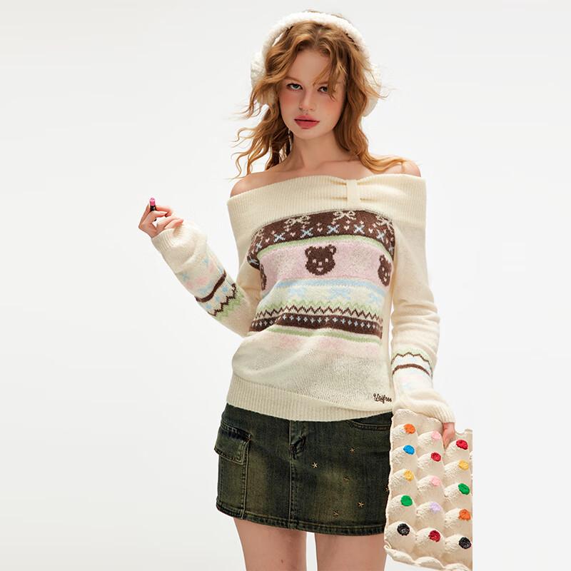UNIFREE Retro Jacquard Off-shoulder Knit Sweater
