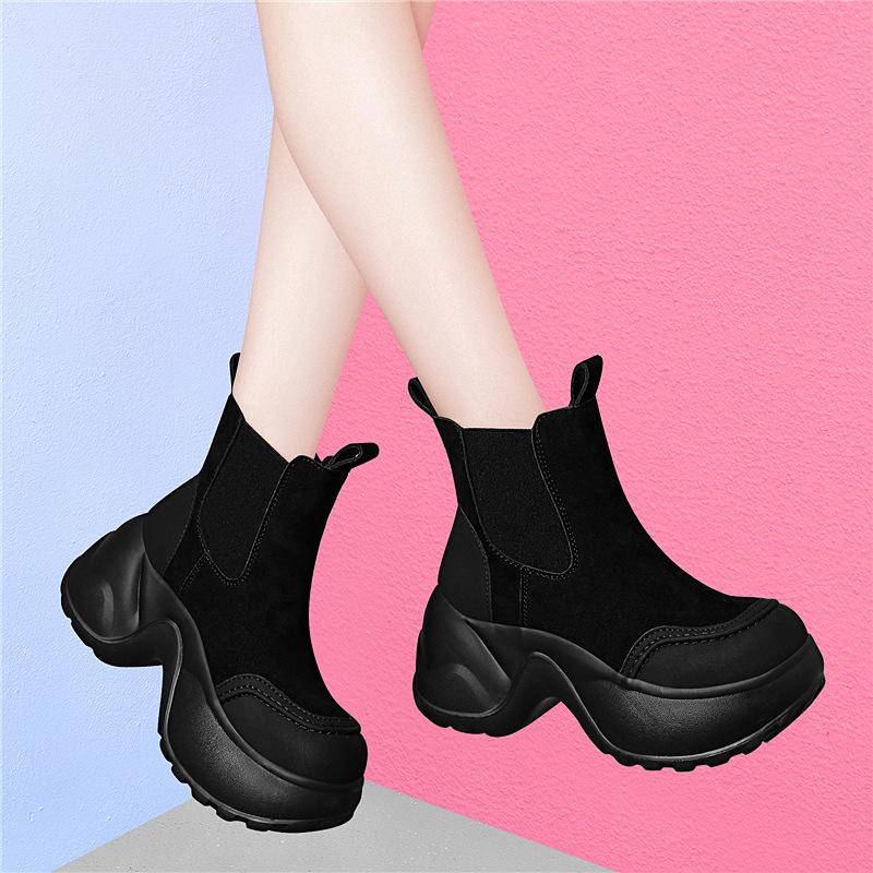 Herbst und Winter neue Plateau-Stiefeletten mit hohem Absatz vielseitig höhenverstellbare kurze Stiefel Patchwork-Samt-Zigarettenstiefel Baumwollschuhe