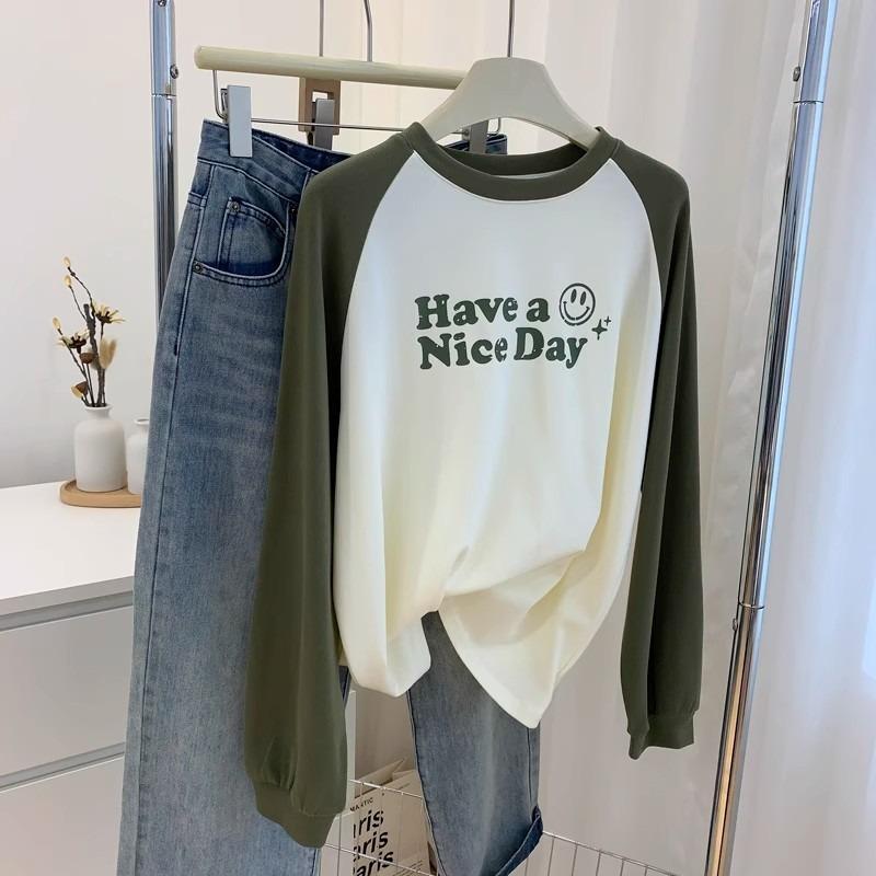 Contrasting Color Inner Bottoming Shirt Women's Pure Cotton Shoulder-plugged Long-sleeved T-shirt Loose Hoodie Top