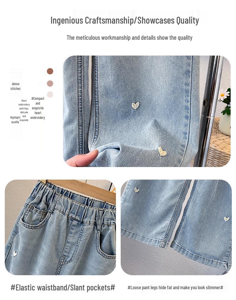 Girls' High-Waisted Embroidered Heart Loose Wide-Leg Jeans, Autumn 2026 Collection