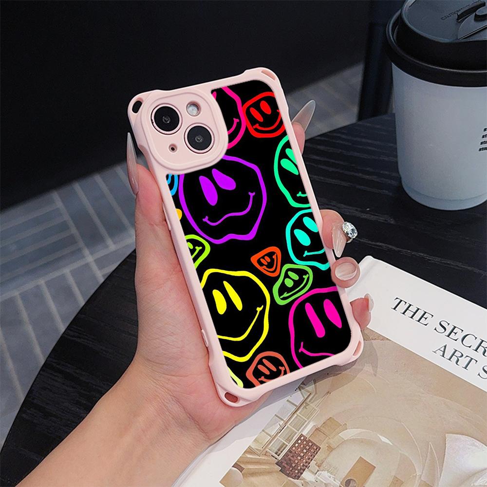 Ae88 Lovely Smiley Art Soft Phone Cases for iPhone 16 15 14 13 12 11 Pro Max XR with Wrist Strap Lanyard Corner Protection Back Cover