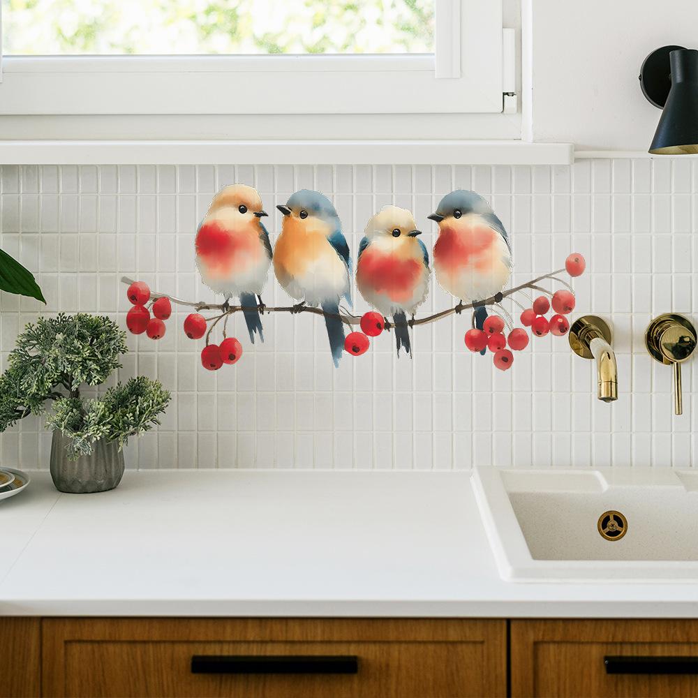 Sticker Mural Oiseaux à l'Aquarelle Peints à la Main et Baies Rouges sur une Branche Décor Bucolique Autocollant Amovible pour la Maison Salon