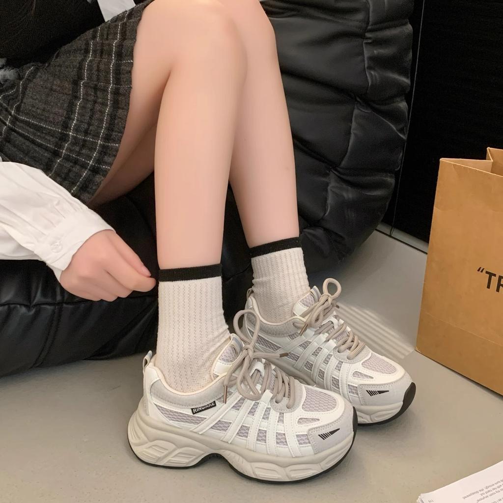 Popular Thick-soled Heightened Mesh Dad Shoes for Women 2025 Spring New Color Matching Lace-up Versatile Sports and Leisure Shoes Tide
