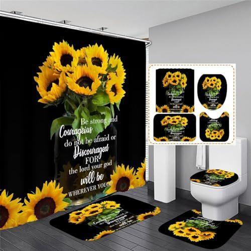 Five Sunflowers Bathroom 4 Piece Set Shower Curtain Bath Mat Curtain Toilet Lid Mat Toilet Pedal