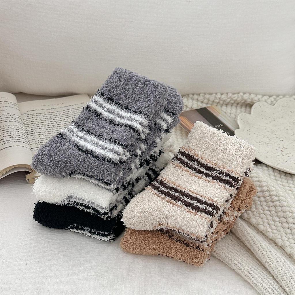 Non-Shedding Ladies Coral Fleece Striped Sleep Socks - Soft Home Slipper Socks