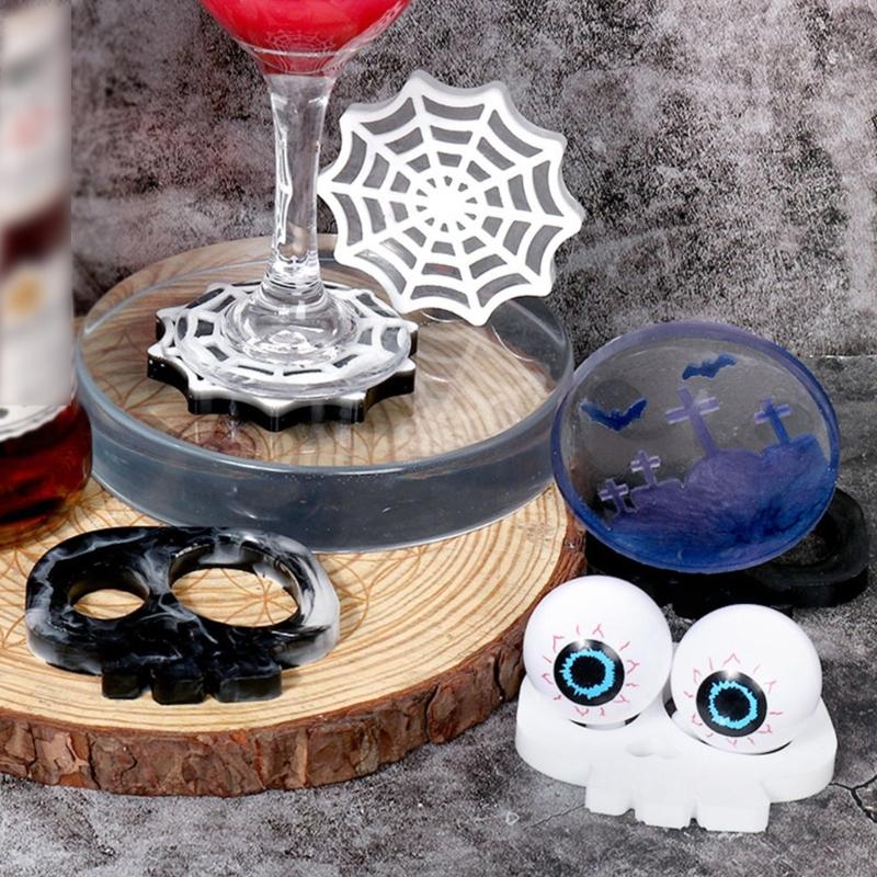 Diy Homemade Mold Coffee Coaster Cobweb Skull Graveyard for Creative Silicone Mold Crystal Placemat Mold for Diy Craft