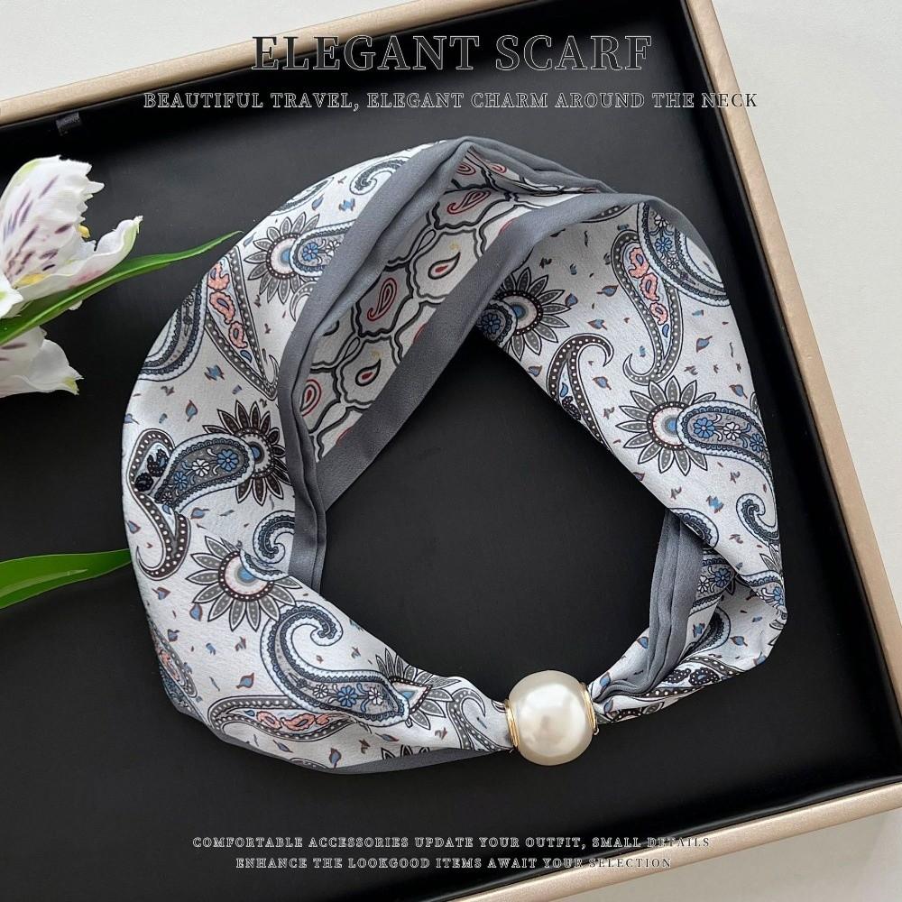 Thin Pearl Silk Scarf Magnetic Clasp Neck Wrap Fashion Neckerchief  for Women