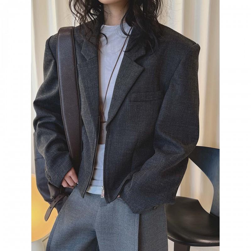 Womens Short Blazer 2025 Solid Color Zip Front Shoulder Pad Split Line Casual Jacket