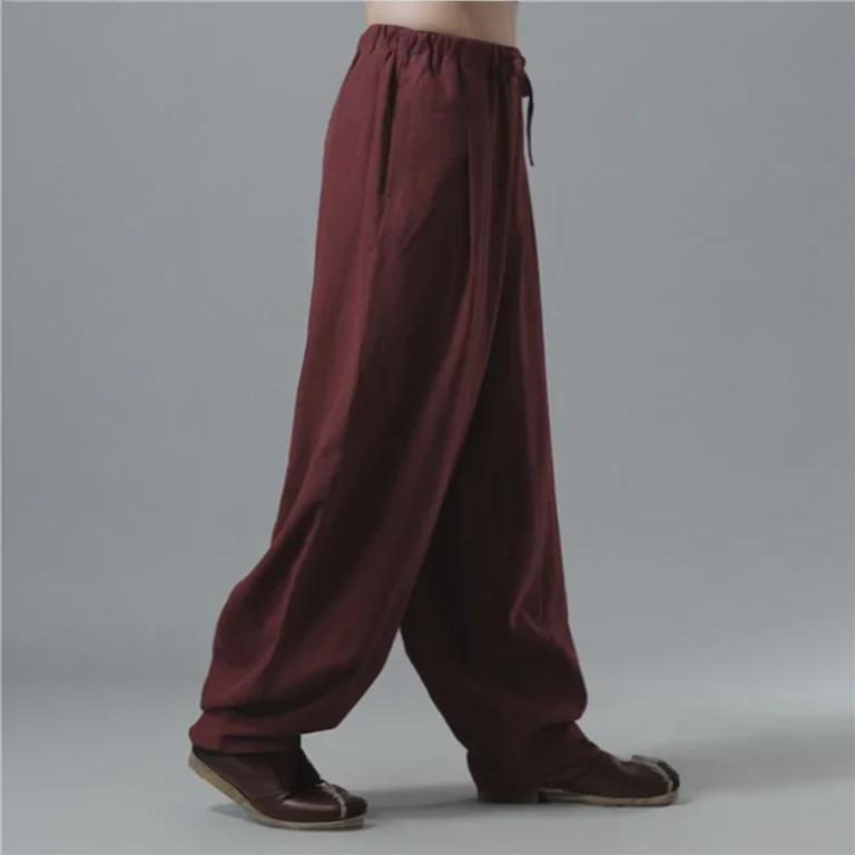 Men's Summer Loose-Fit Cotton Linen Wide-Leg Elastic Waist Sports Pants