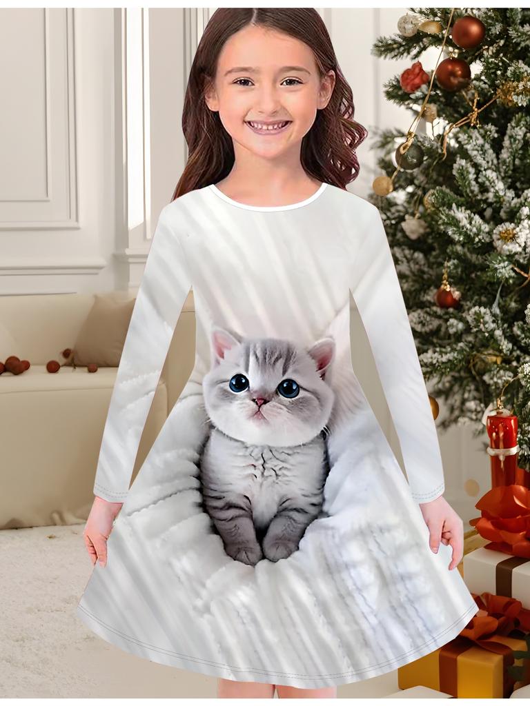 Girls' Autumn and Winter Fashion Dress, 3D Cute Kitten Print  Round Neck Long Children's T-shirt Dress, Casual Versatile, Christmas Clothing