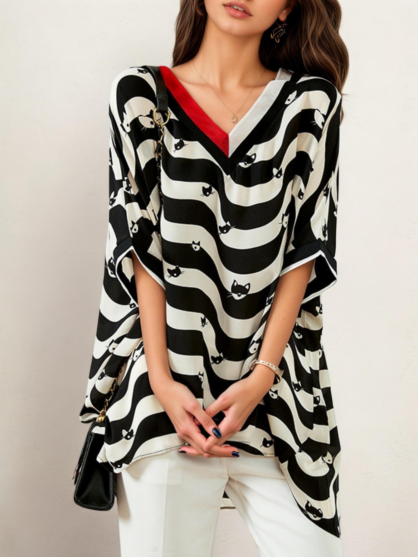 2026 New Style Women s Summer Loose Floral Horse Print Shirt Large чёрный