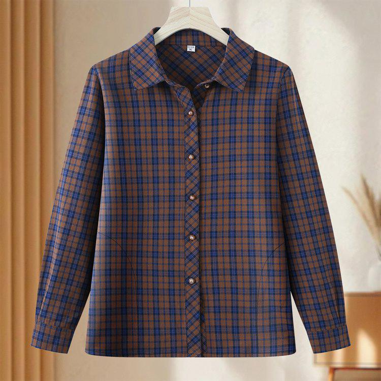 Plaid Cotton Shirt for Middle-aged & Elderly Women, Stylish Spring Top, Mom s Casual Wear XL темно-синий