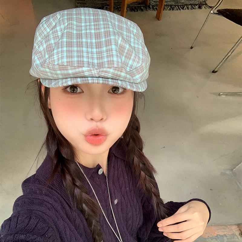 Japanese Retro Plaid Forward Hat Female Spring Summer Atmosphere Reverse Wearing Beret Show Face Small Newsboy Painter Hat