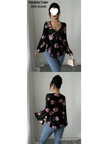 European Floral Gradient Tie-Up Square Neck Long Sleeve Shirt