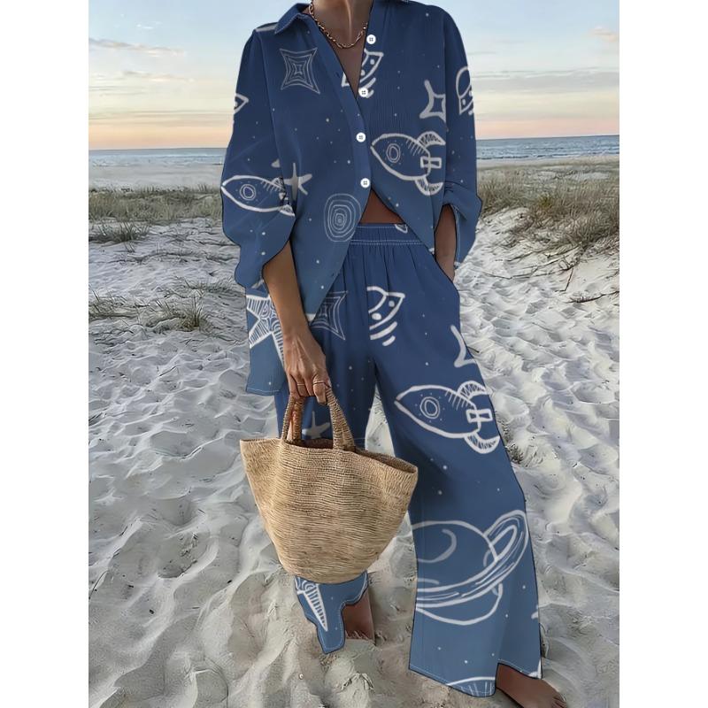 Fun Resort-style Long-sleeved Trousers Suit for Women, Blue Space Graffiti Printed Shirt, Wide-leg Trousers Two-piece Set